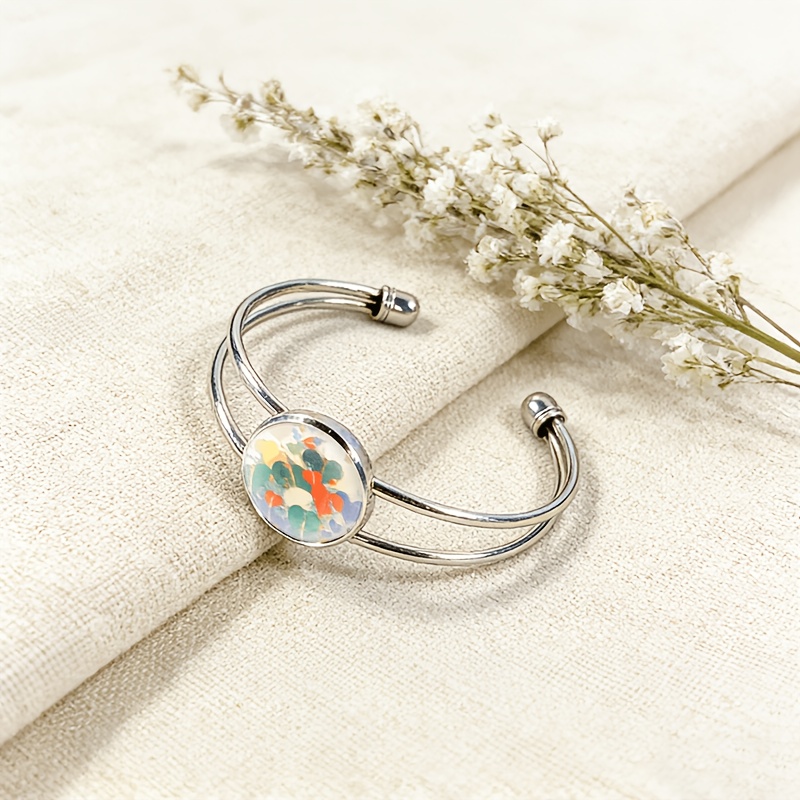 Women's Adjustable Round Time Gemstone Inlaid Bangle with Abstract Art Design
